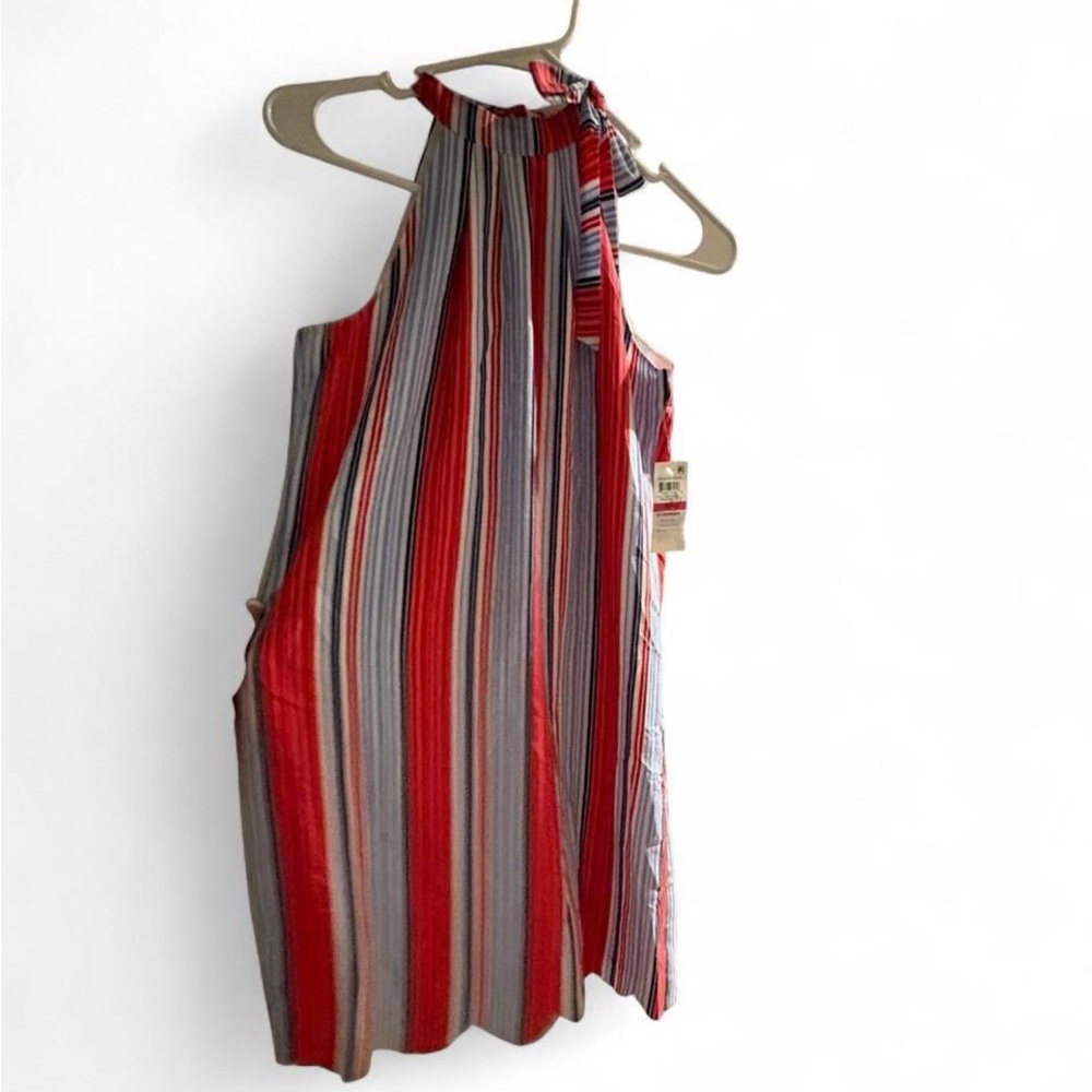 Sleeveless Red Multi-Stripe Halter Dress